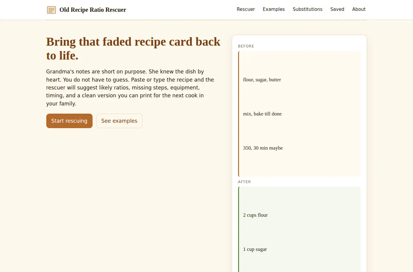 Screenshot of Old Recipe Ratio Rescuer interface showing the project page in use